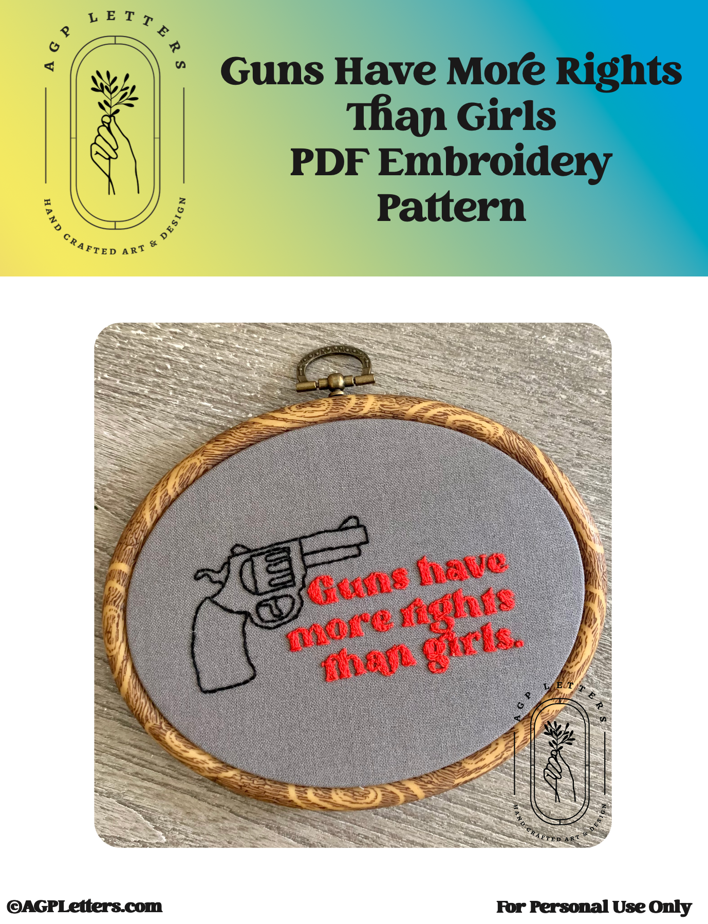 Guns Have More Rights Than Girls | Art for a Cause - PDF Embroidery Pattern Download