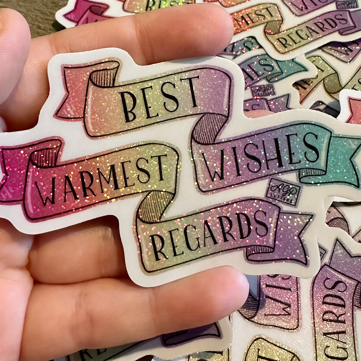 3 inch Die-Cut "Best Wishes, Warmest Regards" Schitt's Creek Rainbow Glitter Vinyl Sticker