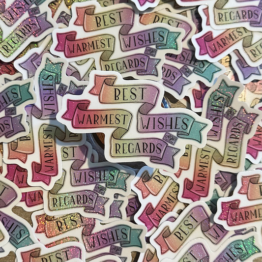 3 inch Die-Cut "Best Wishes, Warmest Regards" Schitt's Creek Rainbow Glitter Vinyl Sticker